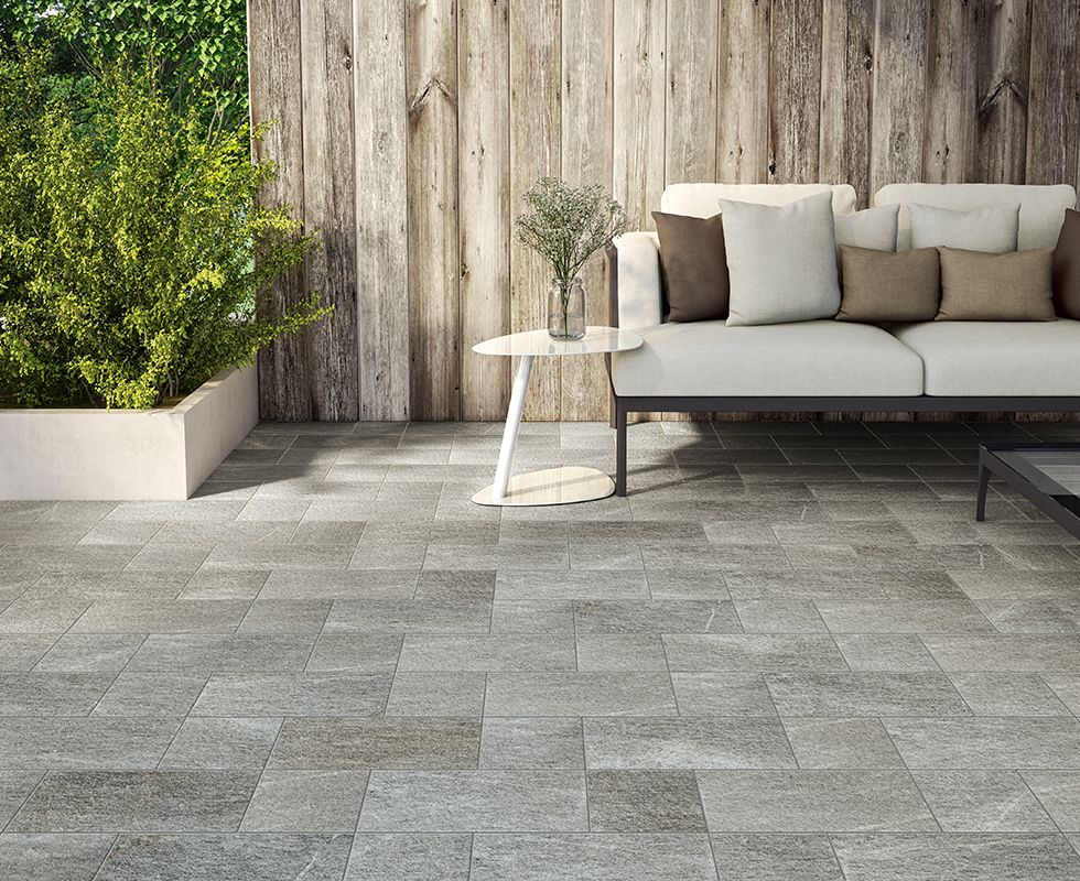 Phối màu gạch vân đá xám với gỗ