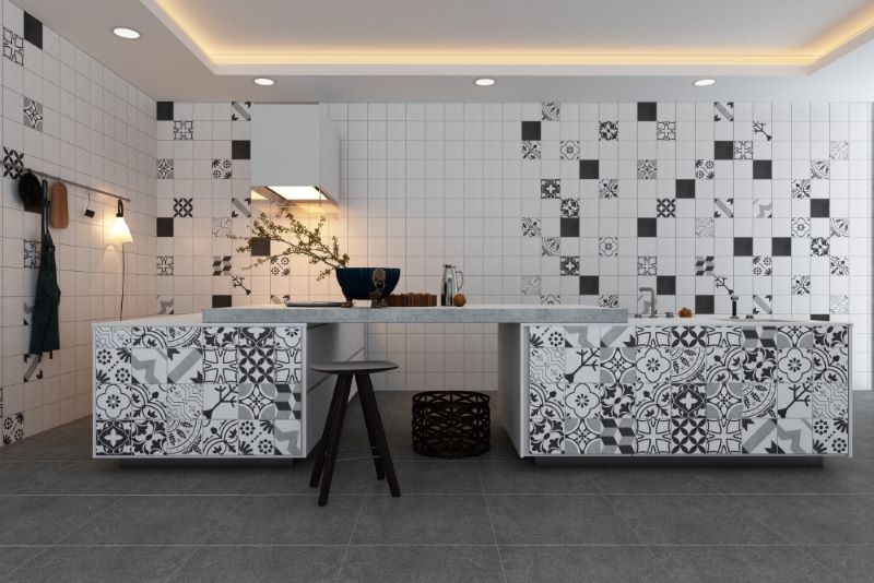 Gạch bông ốp bàn đảo giúp tạo điểm nhấn cho không gian bếp