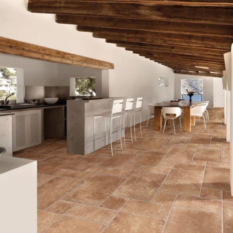 Phòng bếp tối giản đậm chất đồng quê với gạch giả cổ màu nâu nhạt