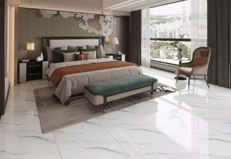 Gạch trắng vân khói lát nền không gian phòng ngủ