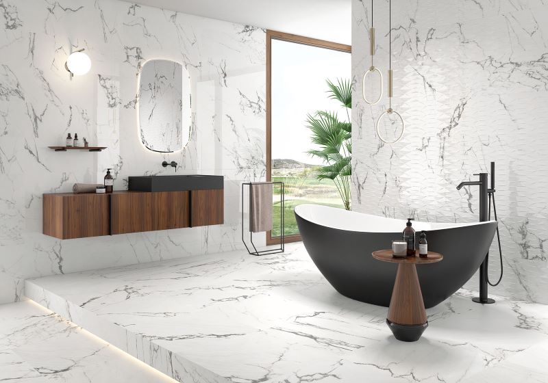 Gạch trắng vân khói lát nền không gian phòng tắm