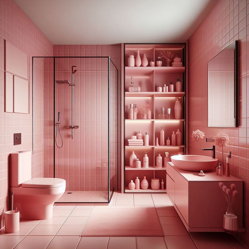 Phòng tắm full màu hồng độc đáo