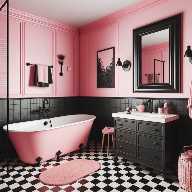 Phòng tắm màu hồng kết hợp gam màu đen