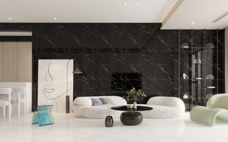 Phối màu gạch ốp tường tương phản với gạch lát nền