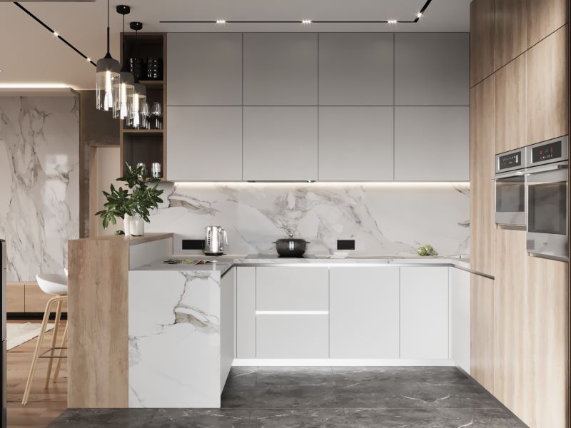 Gạch vân đá ốp bếp hiện đại