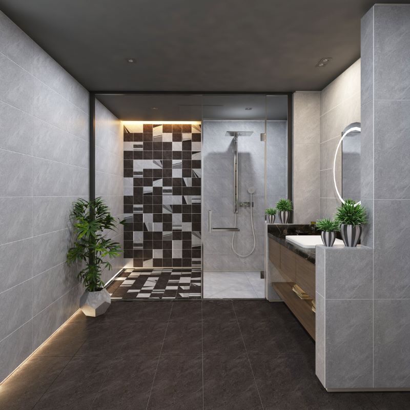 Sự đối lập về màu sắc giữa gạch ốp lát 30x60 với nội thất tạo ra chiều sâu cho không gian