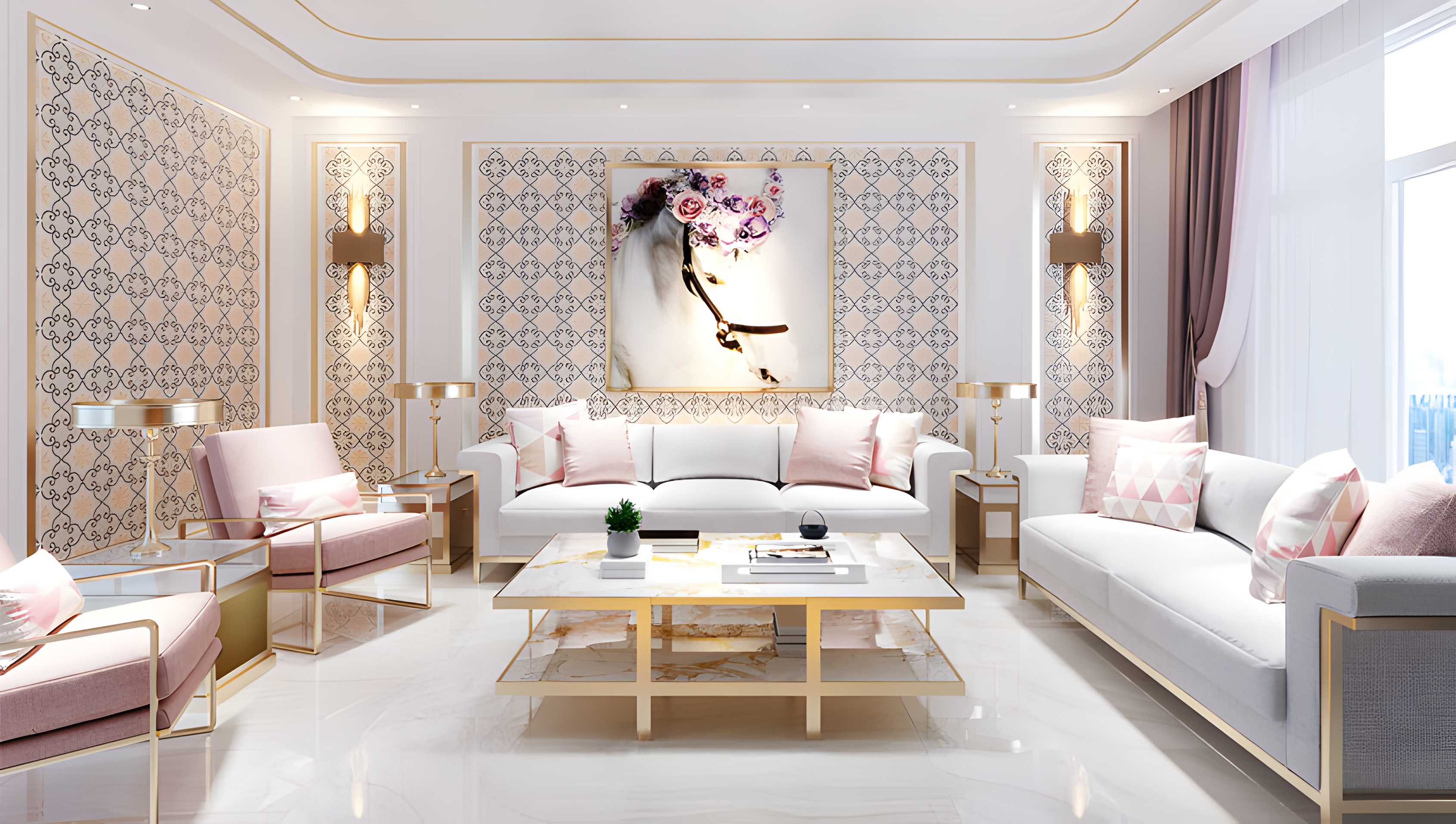 Phối gạch bông cùng tông màu giúp phòng khách thêm sáng sủa, mềm mại