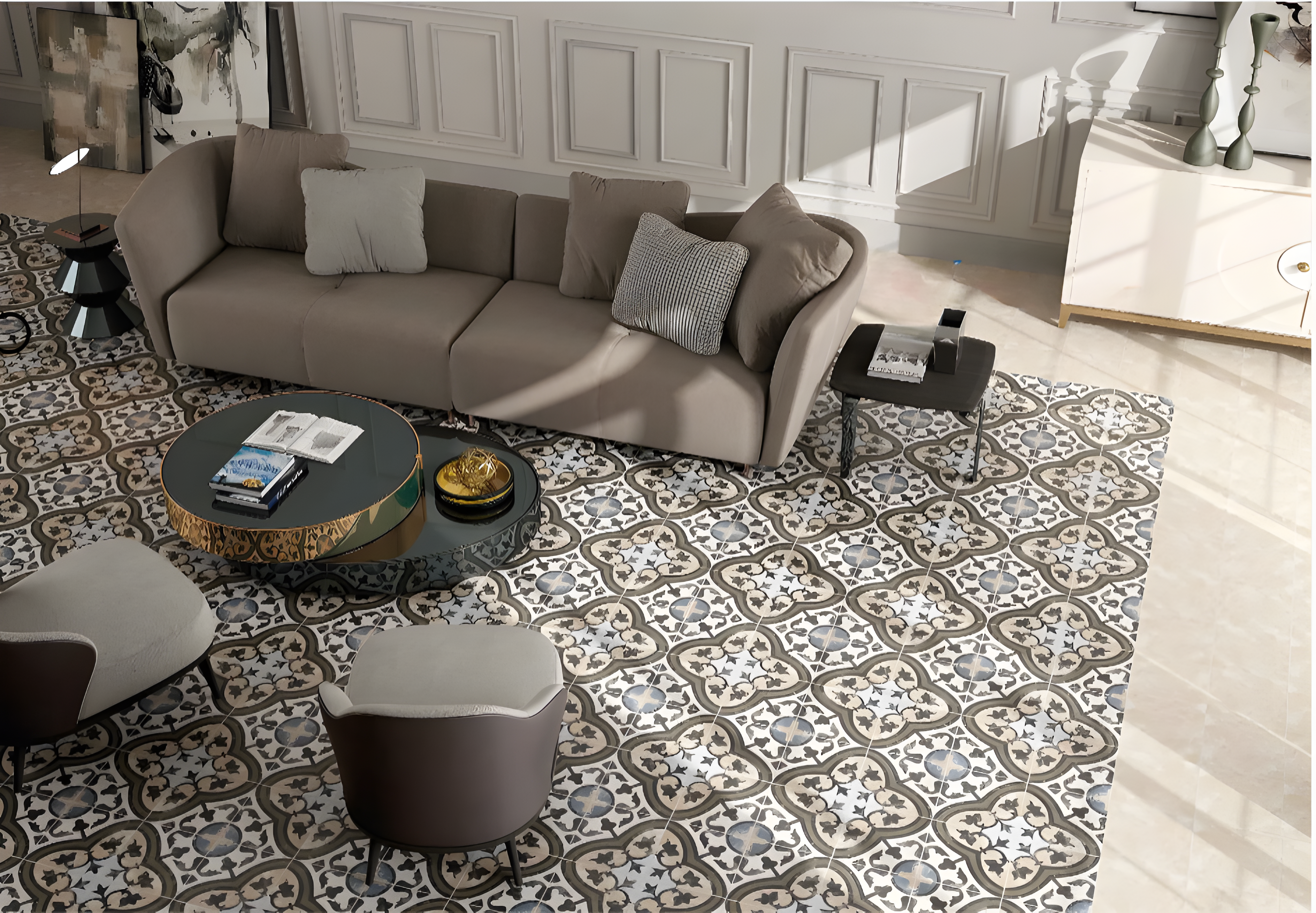 Phòng khách vừa hiện đại vừa mang nét cổ điển với mẫu gạch bông tông ấm