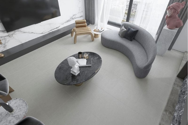 gạch lát nền phòng khách 60x60 vân xi măng đầy trầm ổn