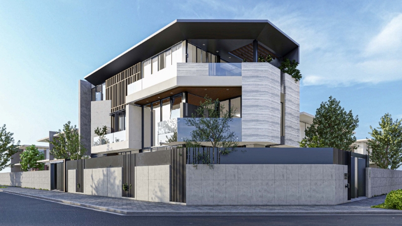 Chiêm ngưỡng biệt thự lô góc ốp tường mặt tiền cực đẹp