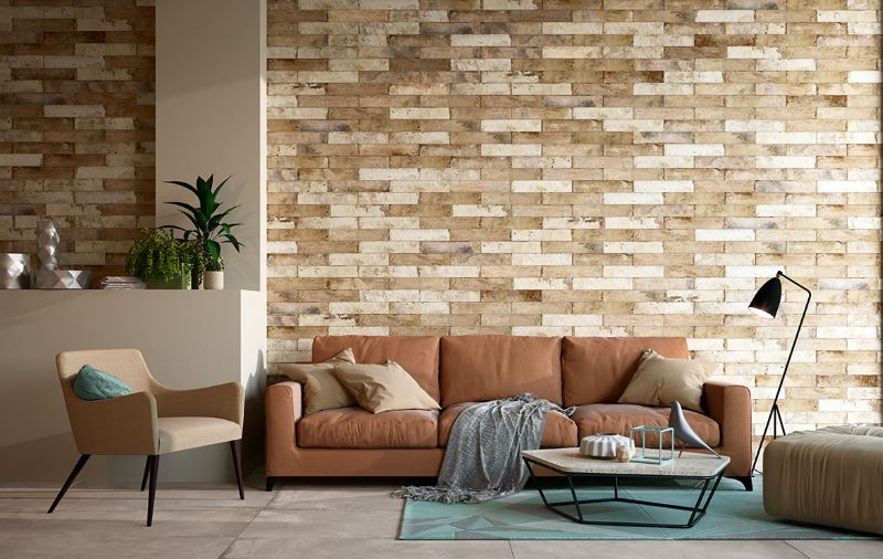 Gạch ốp tường phòng khách giả cổ màu nâu sáng