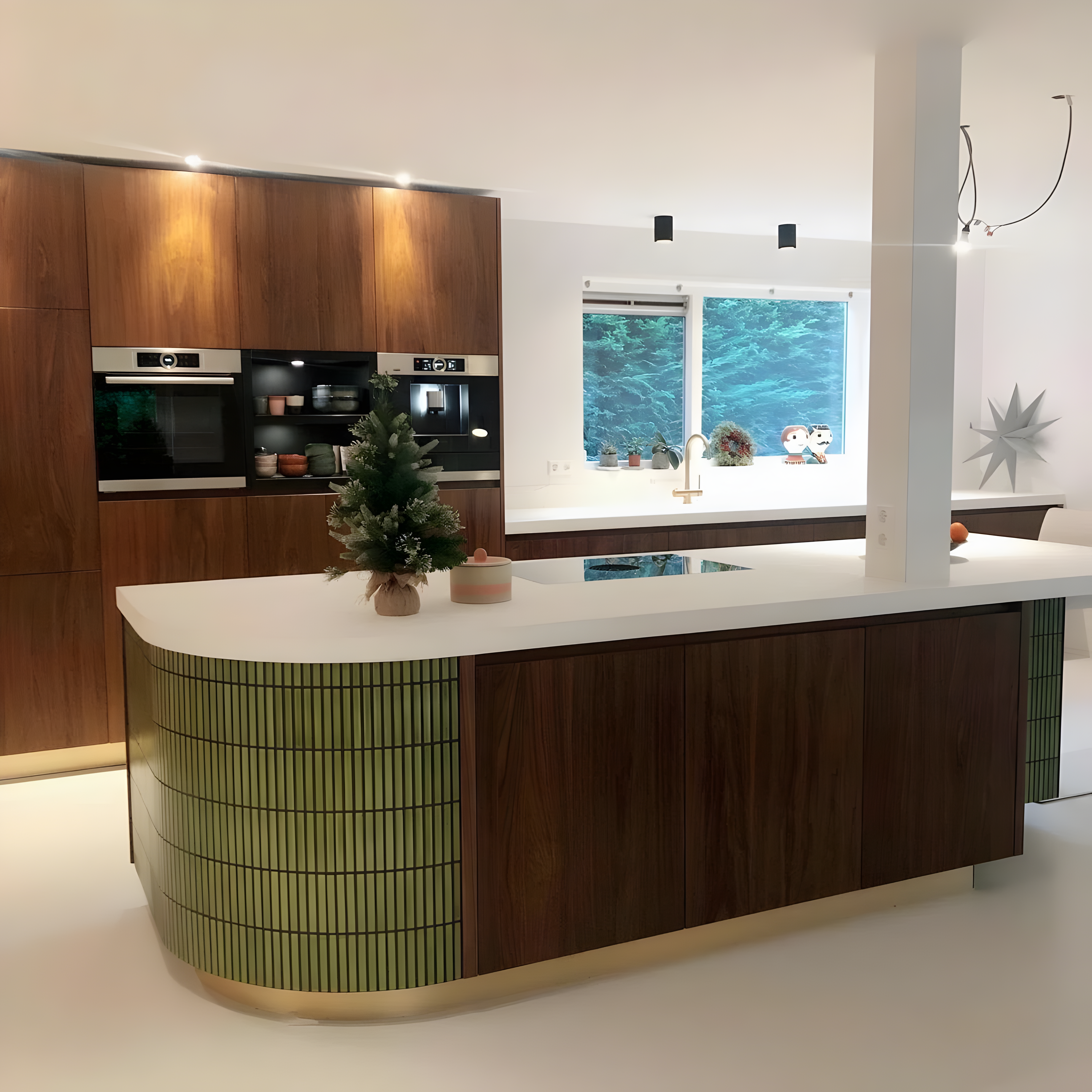 Căn bếp trông nghệ thuật và có gu hơn khi ứng dụng gạch thẻ mosaic ốp khu vực bàn đảo