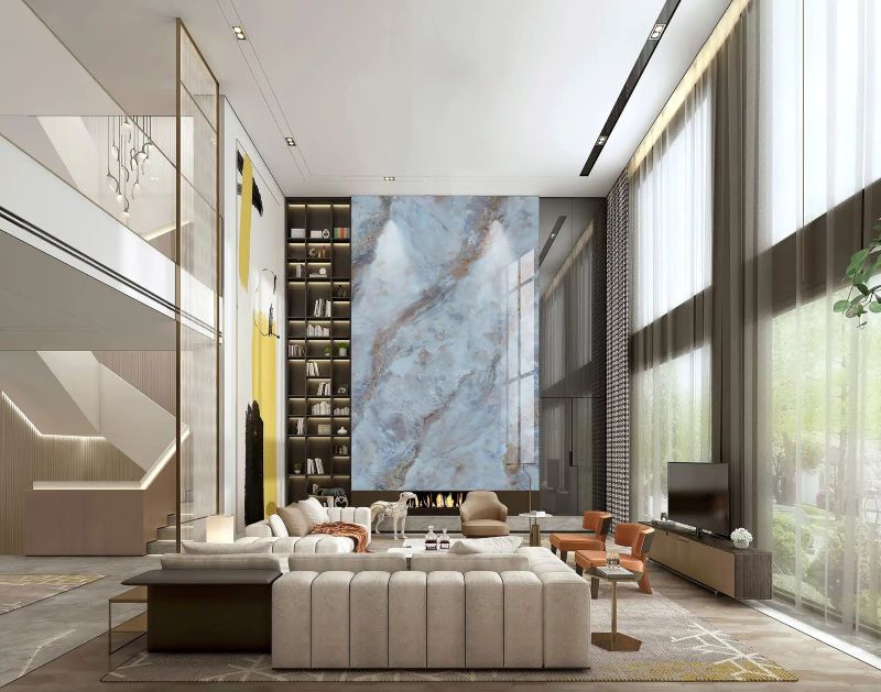 Gạch vân đá màu xanh ốp tường trang trí phòng khách