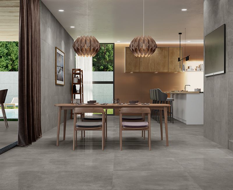 Gạch vân bê tông Kết hợp với vật liệu tự nhiên (gỗ, sắt, kính)