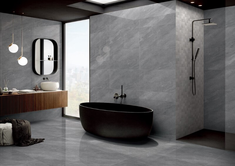 Gạch Trung Quốc 40x80 HLTQ48005EL màu xám, có độ bóng nhẹ cho nhà tắm tạo phong cách hiện đại