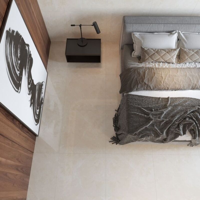 Màu be với độ bóng nhẹ, đường vân đá tinh tế giúp phòng ngủ trở nên nhẹ nhàng, dễ chịu hơn