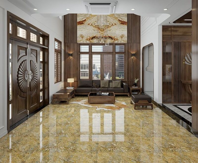 Gạch màu vàng với độ bóng cao kết hợp với nội thất gỗ