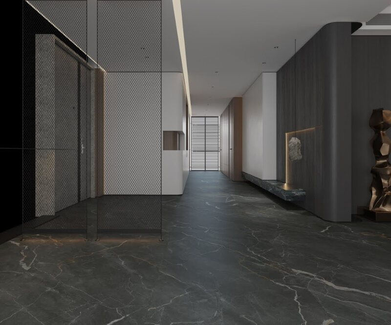 Gạch màu đen kết hợp với nội thất cùng tông màu giúp căn phòng trở nên hiện đại, sang trọng