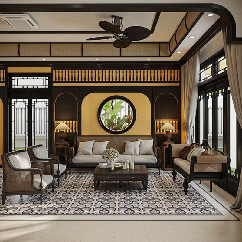 Mẫu gạch ốp lát phù hợp phòng khách phong cách Đông Dương