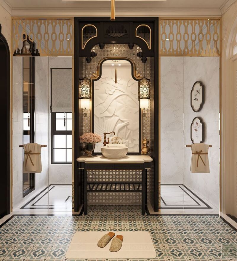 Mẫu gạch ốp lát phù hợp phòng tắm, nhà vệ sinh phong cách Đông Dương