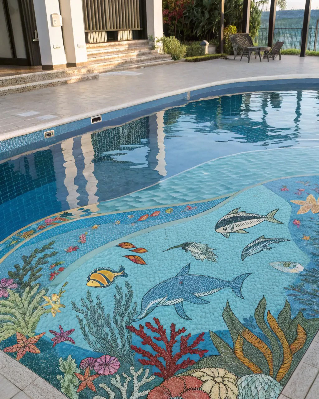 Đắm mình vào biển sắc màu với bức tranh ghép về sinh vật biển.