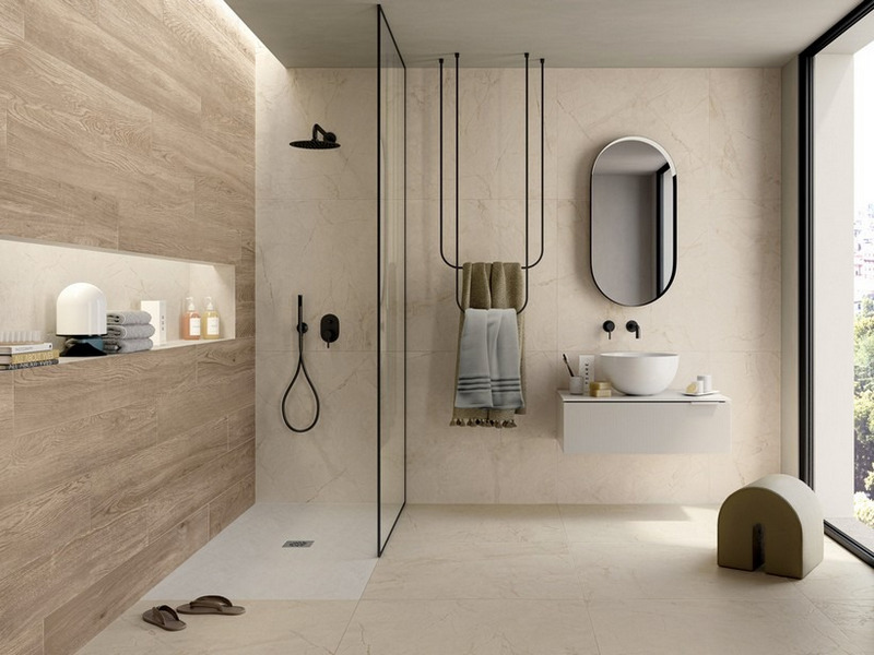 Gạch 90x90 màu kem ốp lát không gian phòng tắm, vệ sinh nhỏ