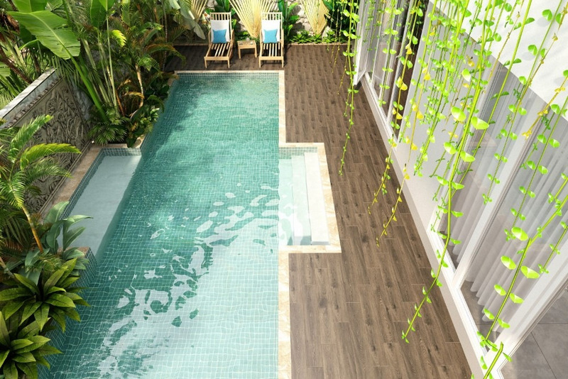 Gạch giả gỗ là lựa chọn lý tưởng cho khu vực xung quanh hồ bơi