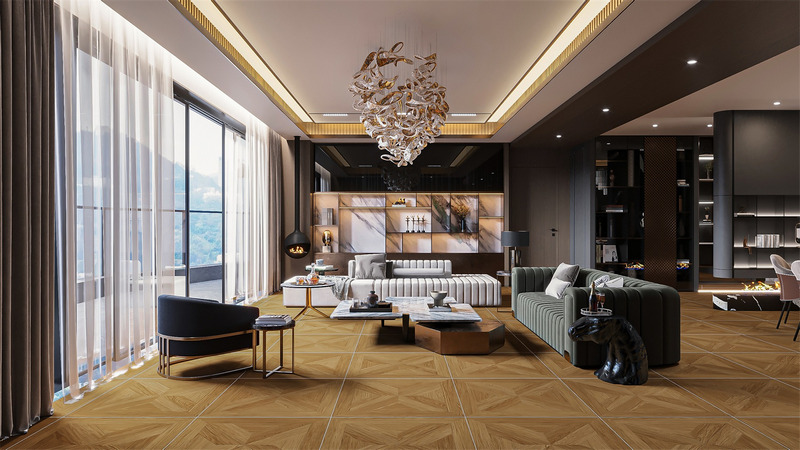 Gạch lát sàn khổ lớn có hoa văn gỗ sắp xếp theo kiểu hình học độc đáo, tạo điểm nhấn thẩm mỹ.