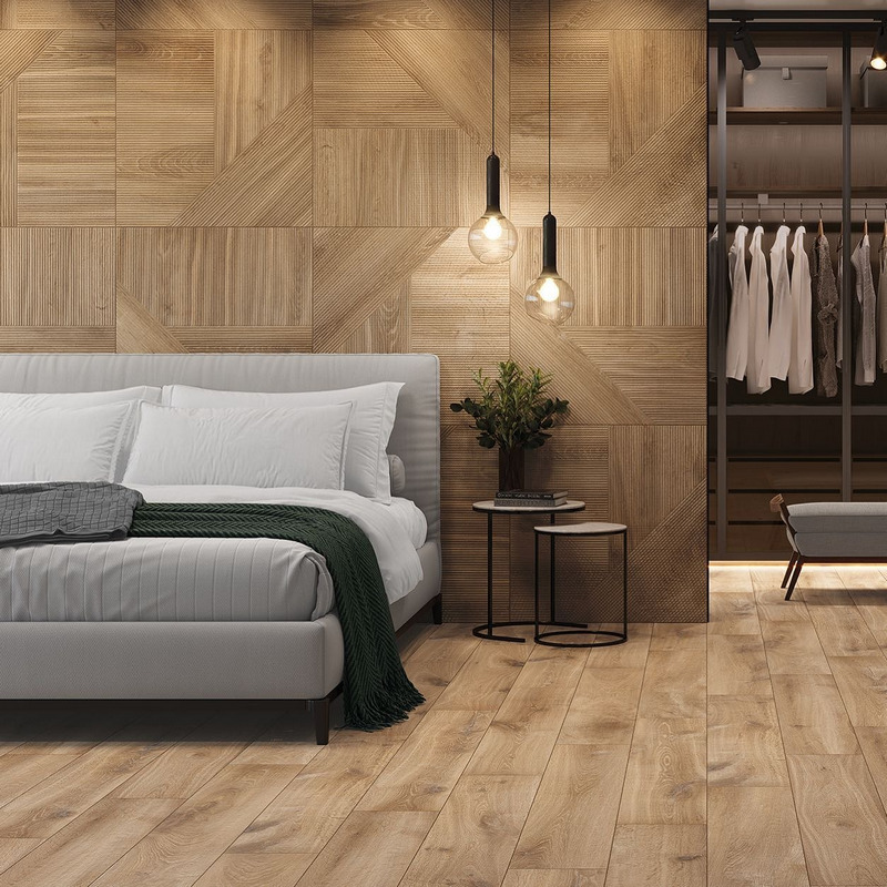 Không gian phòng ngủ lát gạch vân gỗ 20x120 màu nâu đầy nhẹ nhàng