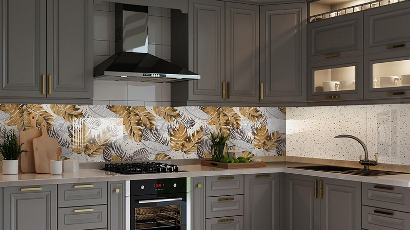 Mẫu gạch Apodio  US6863D họa tiết lá nhiệt đới sắc nâu cam trên nền terrazzo đậm chất tropical
