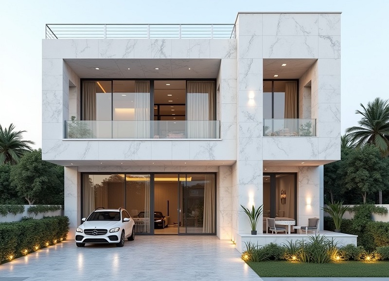 Gạch ốp mặt tiền với đá cẩm thạch màu trắng khói