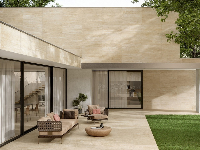 Gạch vân đá travetine màu kem ốp lát mặt tiền