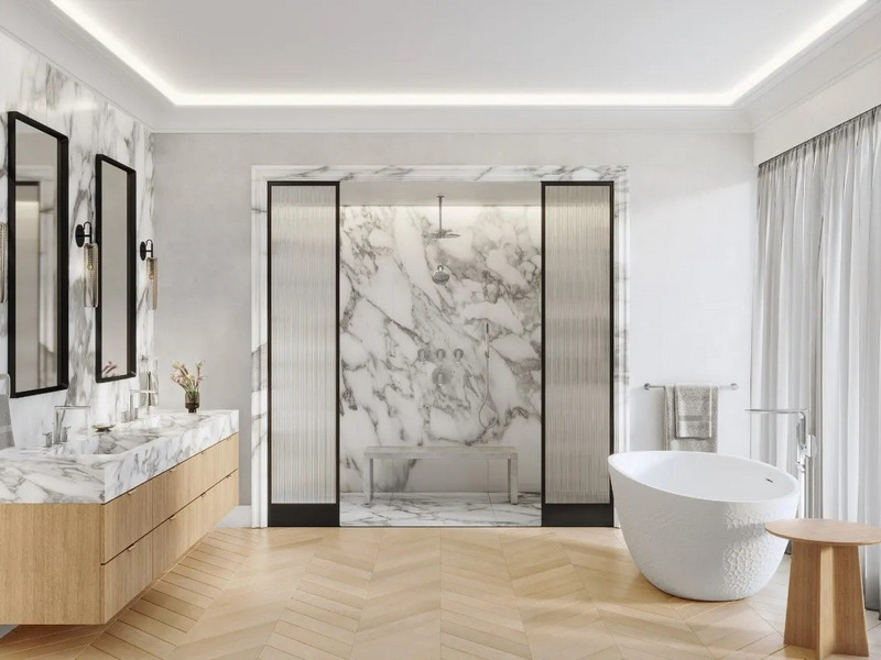 Thiết kế phòng tắm màu trắng cho không gian lớn